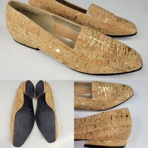 $110 7.5 MAGDESIANS CALIFORNIA TAN CORK GOLD METALLIC FLATS SLIPON LOAFERS 7